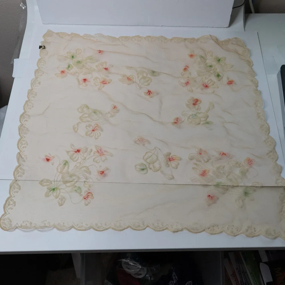 Vintage Floral Embroidered Sheer Scalloped Square Scarf Japan Nylon Cream Pink